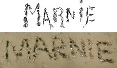 The word MARNIE spelled out on sand with sea shells and seaweed