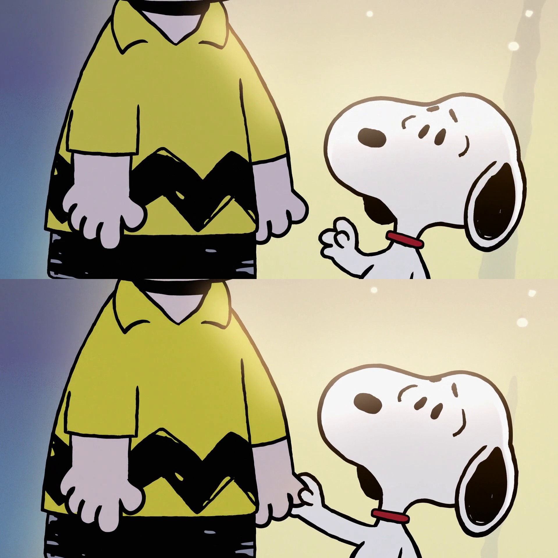 Snoopy holds Charlie Brown's hand