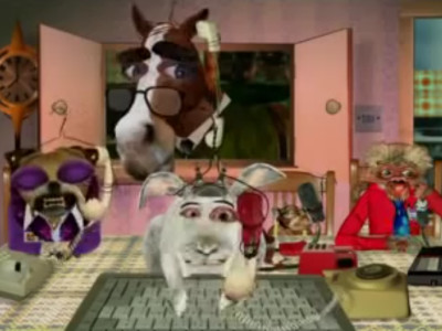 Four scrapbook-style animal characters in a call center